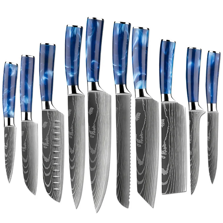 Best Seller blue resin Handle Kitchen Cutlery Chef Knife Set with Damascus Pattern