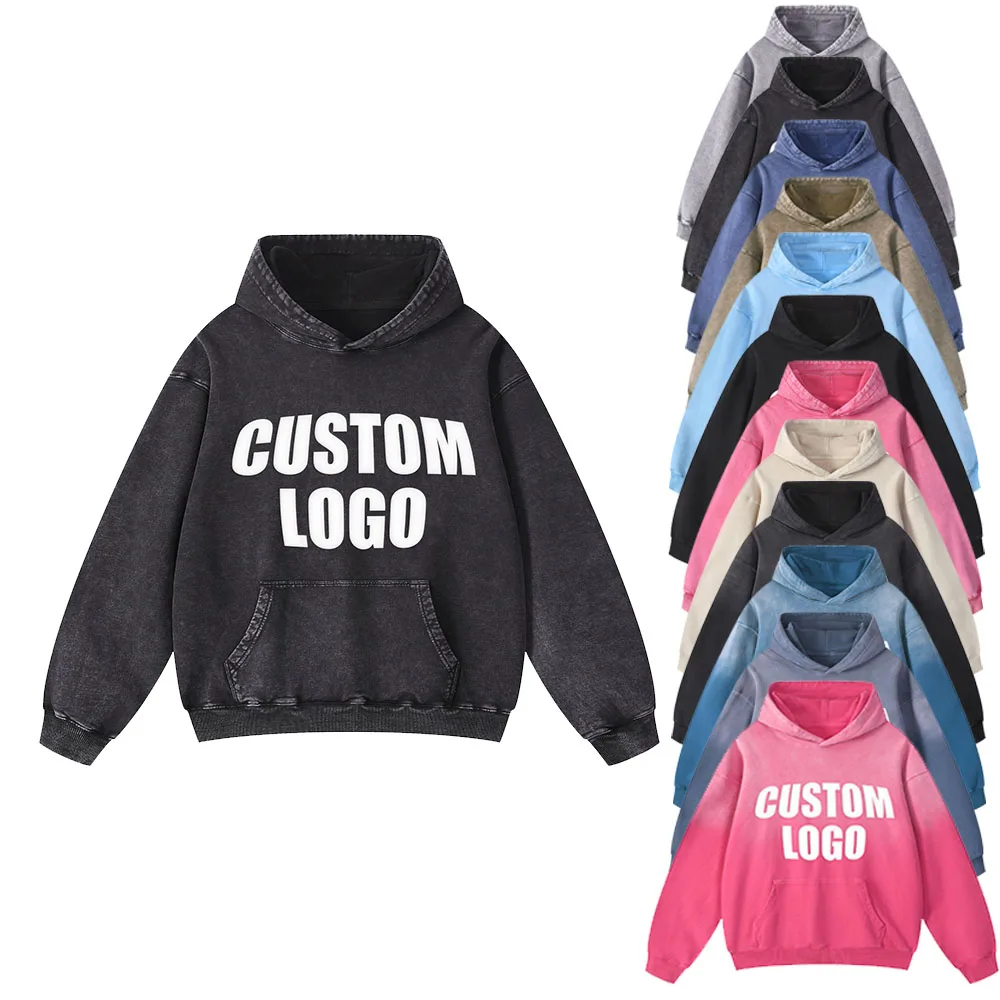 Custom Logo High Quality Acid Washed Blank Hoodies 500 gsm Drop Shoulder Unisex Acid Wash Hoodie