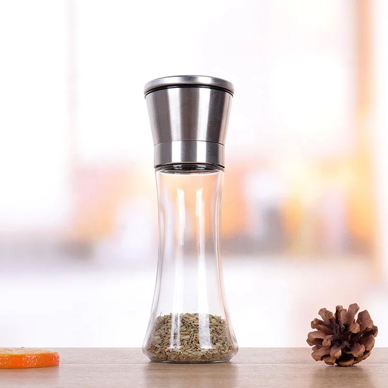 200 ml Stainless Steel Adjustable Ceramic Core Sea salt mill pepper grinders wholesale spice mills with glass bottle