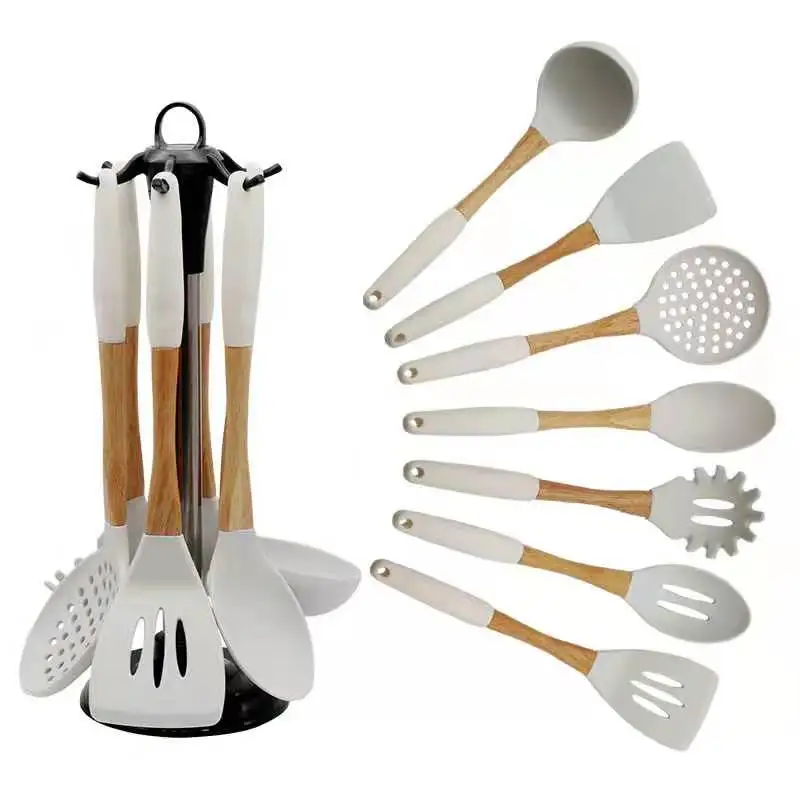 Factory direct silicone kitchenware set wooden handle cooking spoon spatula 6 piece set kitchen utensils spatula spot wholesale