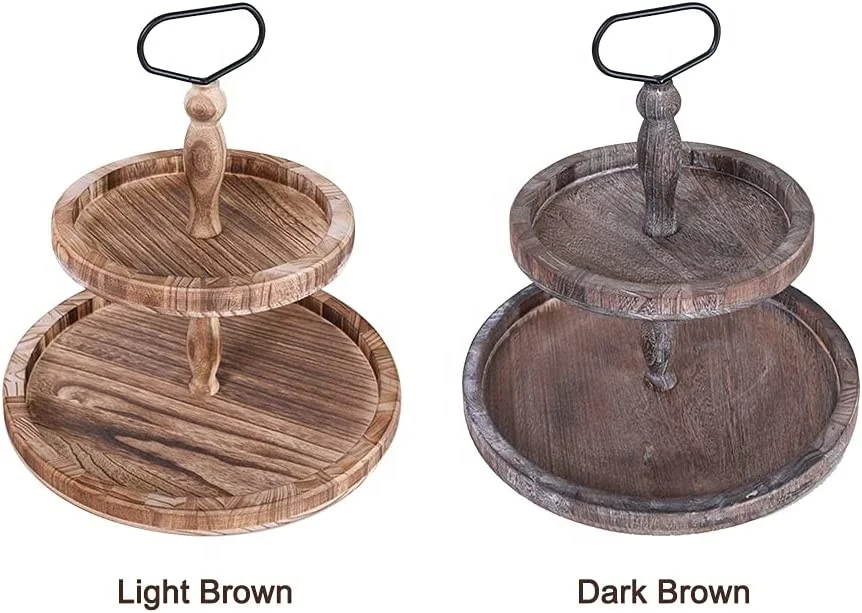 wholesale custom Rustic Brown Wood 2 Tier Tray with Metal Handle Wooden Tier Tray Tiered Serving Tray