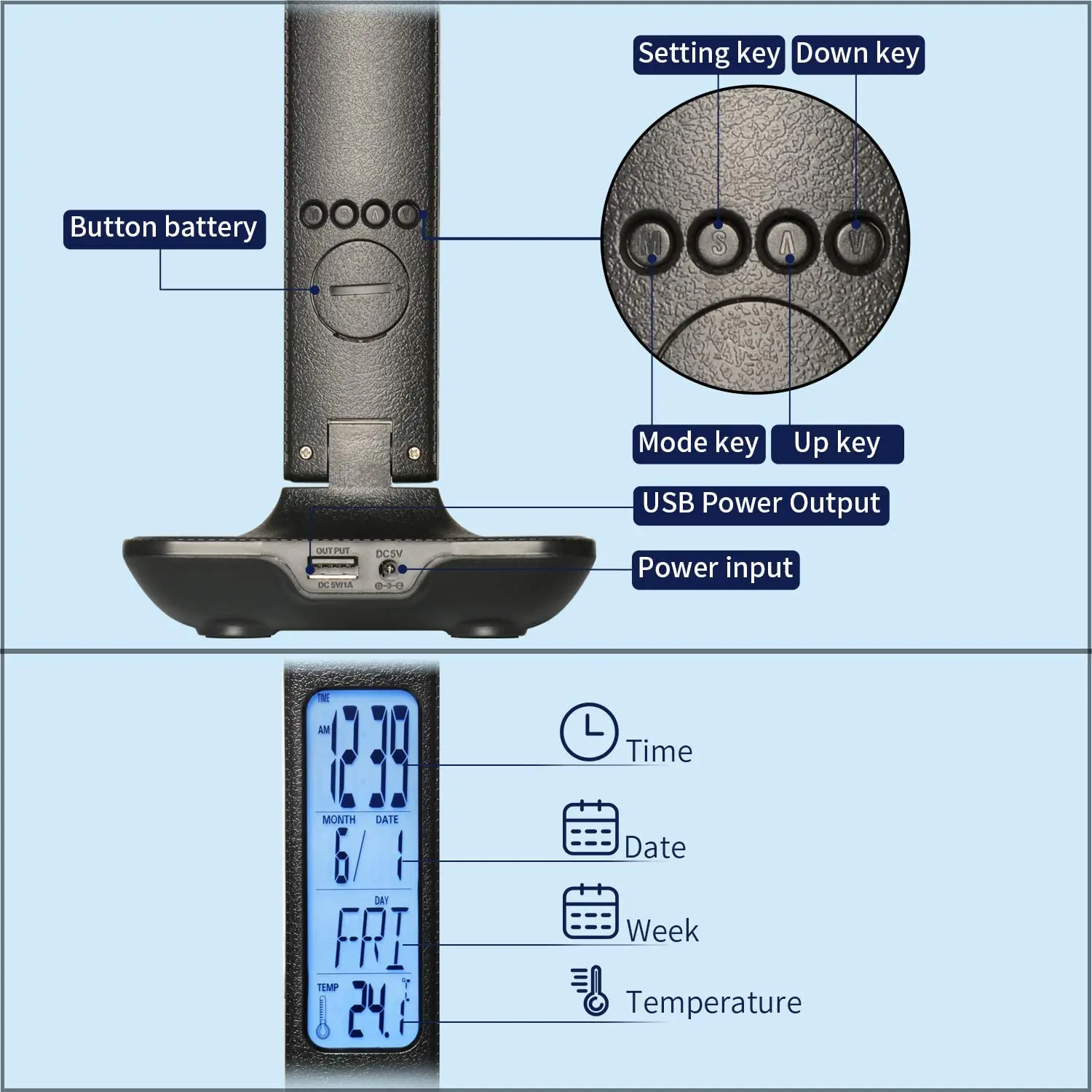 LED Desk Lamp 3Mode Lights Leather Texture USB Folding Reading Table Lamp With temperature Calendar LCD Display DC5V Black/White