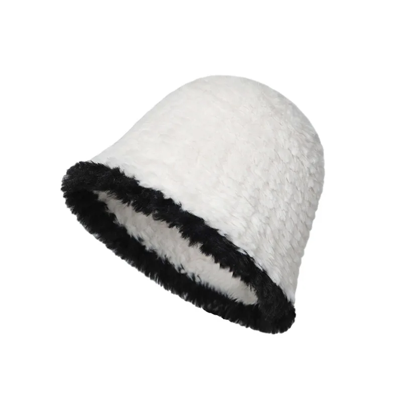 2023 New Fashion Plush Bucket Hat Winter Pure Color Knit Warm Bucket Hat For Women