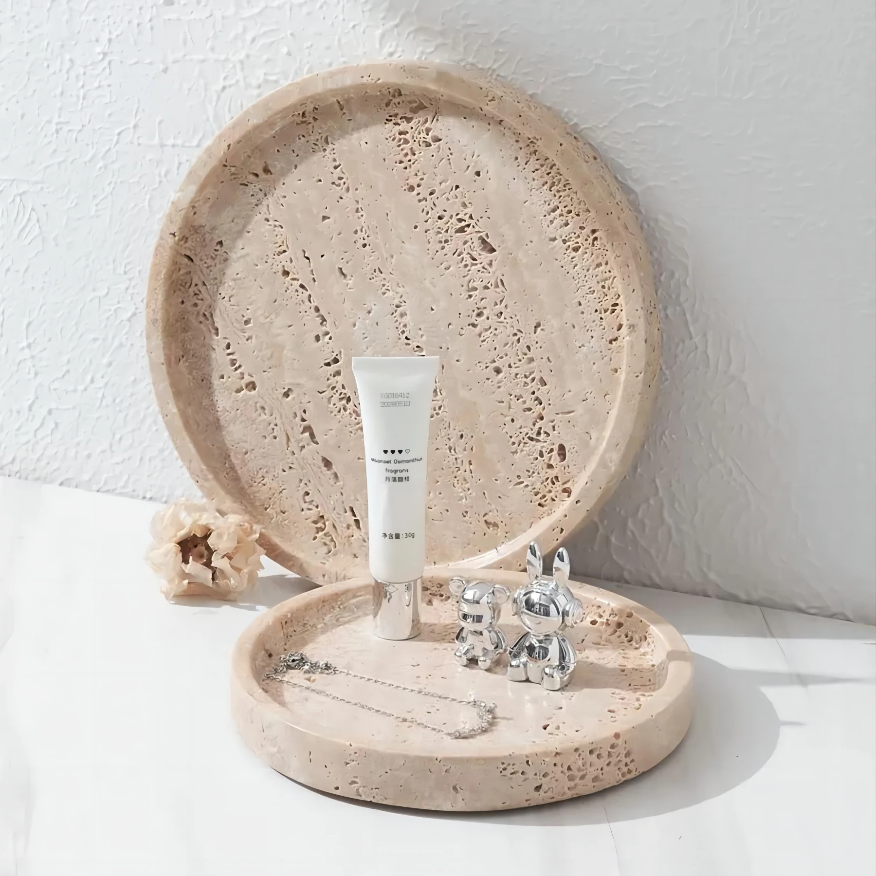 Modern Decorative Beige Round Real Travertine Marble Vanity Tray for Perfume Candle Jewelry Dish Small Things