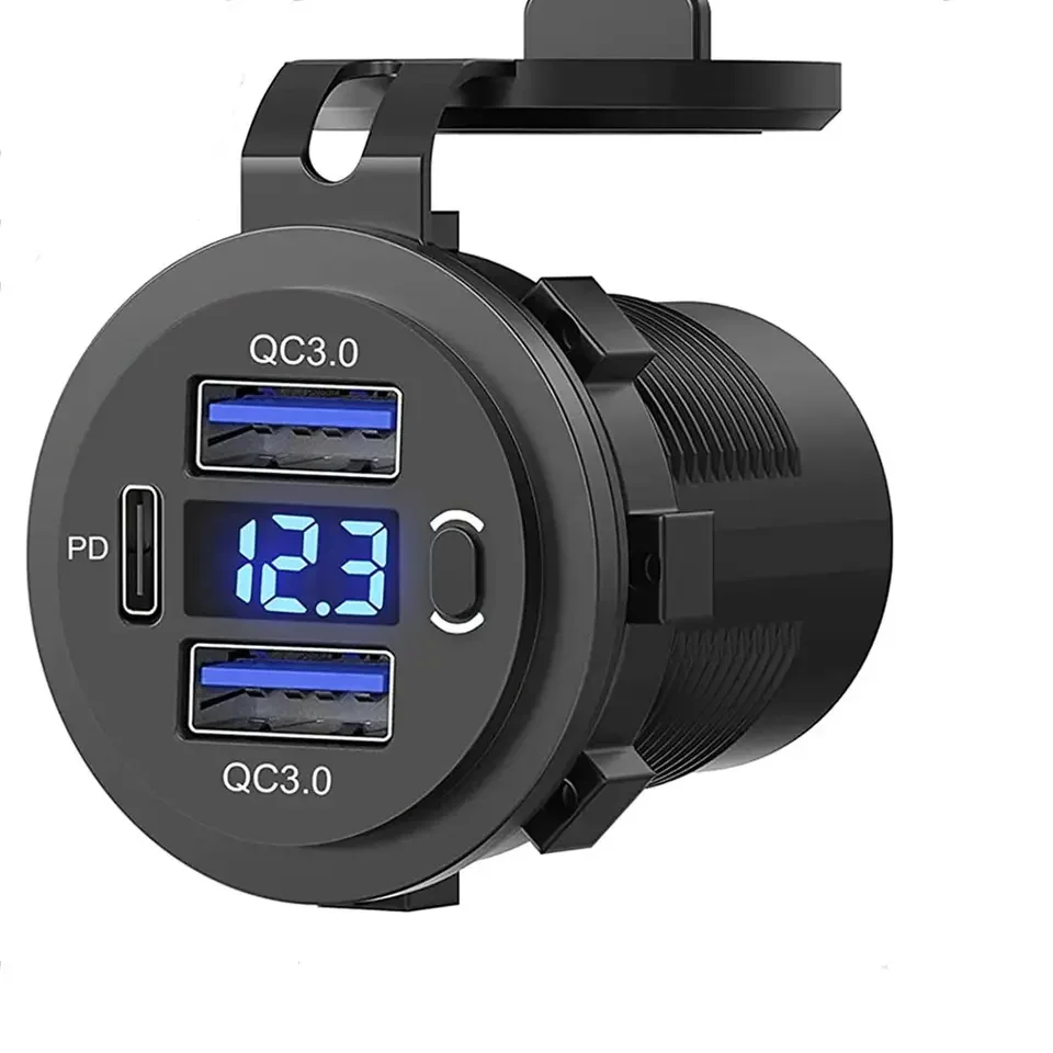 12V-24v  USB Outlet Dual Quick Charge 3.0 & PD USB C Three-Port USB Charger Socket with Voltmeter and Power Switch