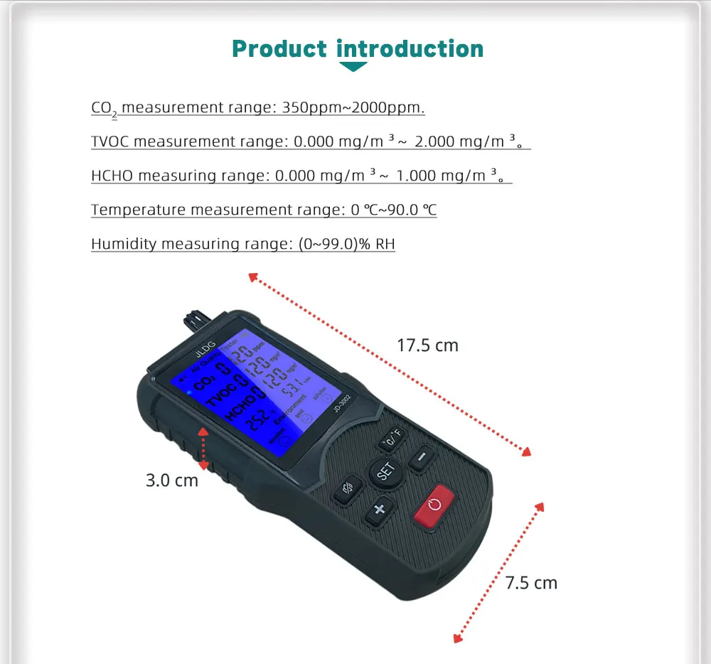 Handheld JLDG JD-3002 CO2 Flow Meter Monitor Gas Detector CO2 Detector Indoor Air Quality Monitor CO2 Tester