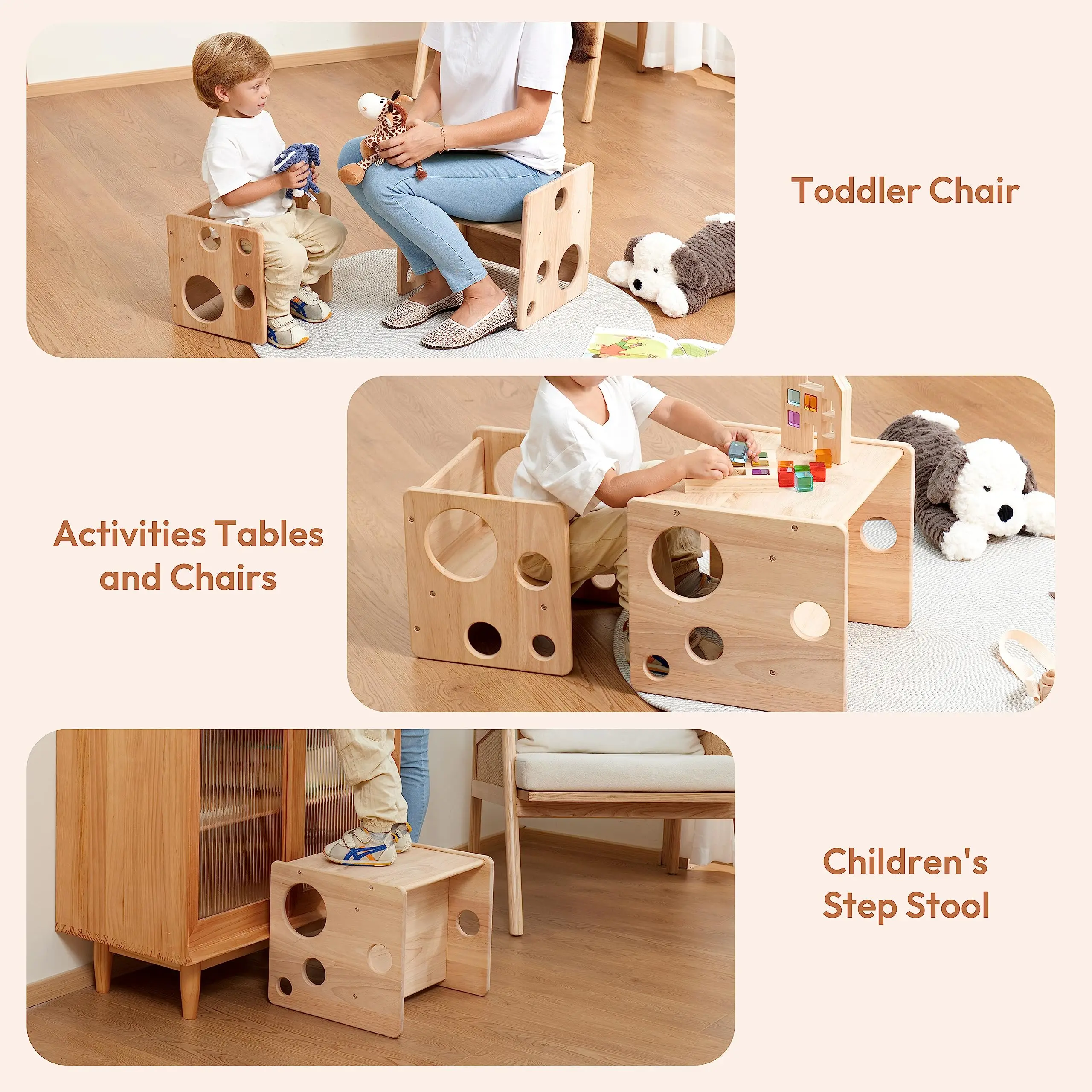 Montessori Weaning Table and Chair Set Toddler Table and Chair Set Natural Solid Wooden Kids Table Cube Chair for Boys and Girls