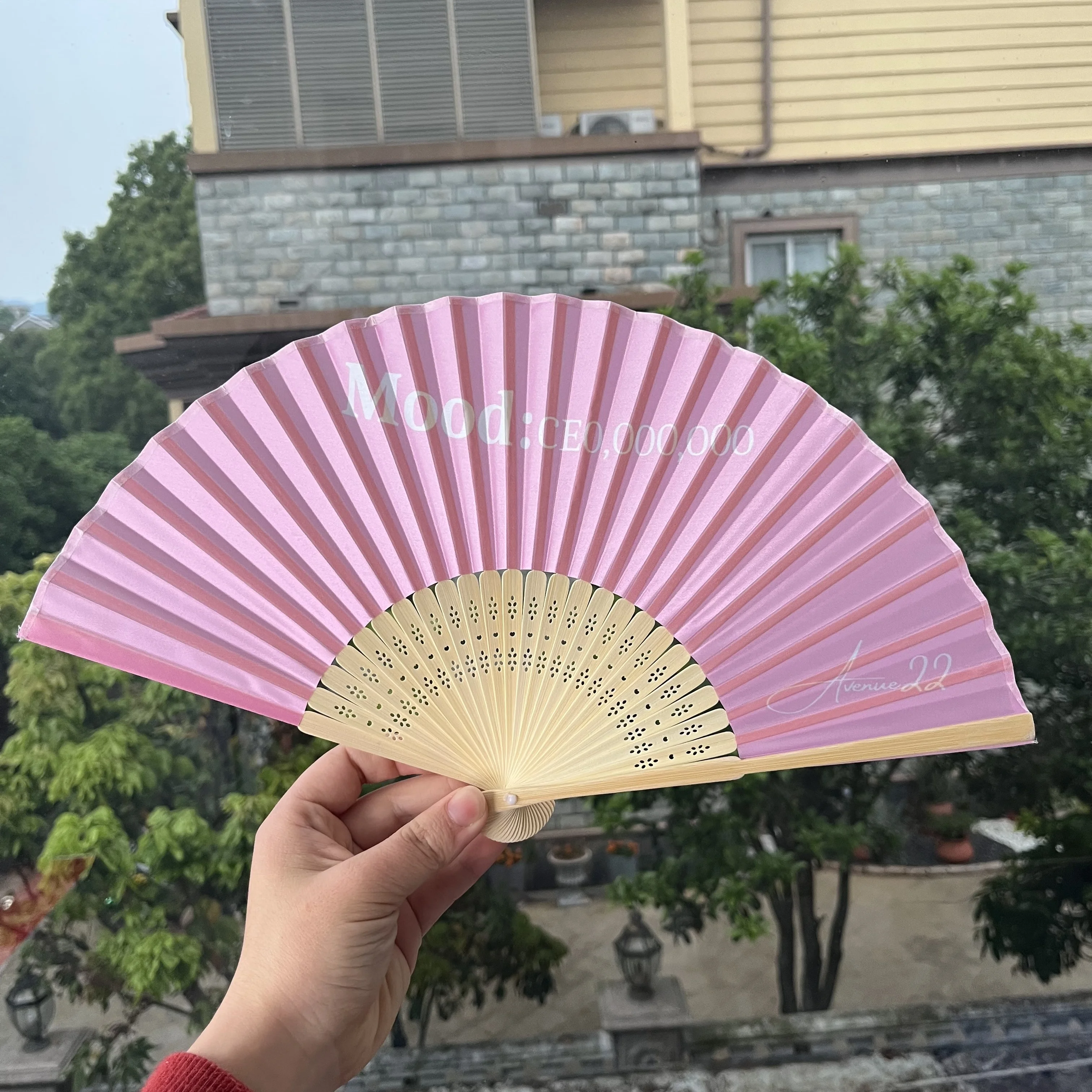 Hand Made Crafts Design Custom Natural Bamboo Fan Light Pink Hand Fan Custom Printed Folding Hand Fan