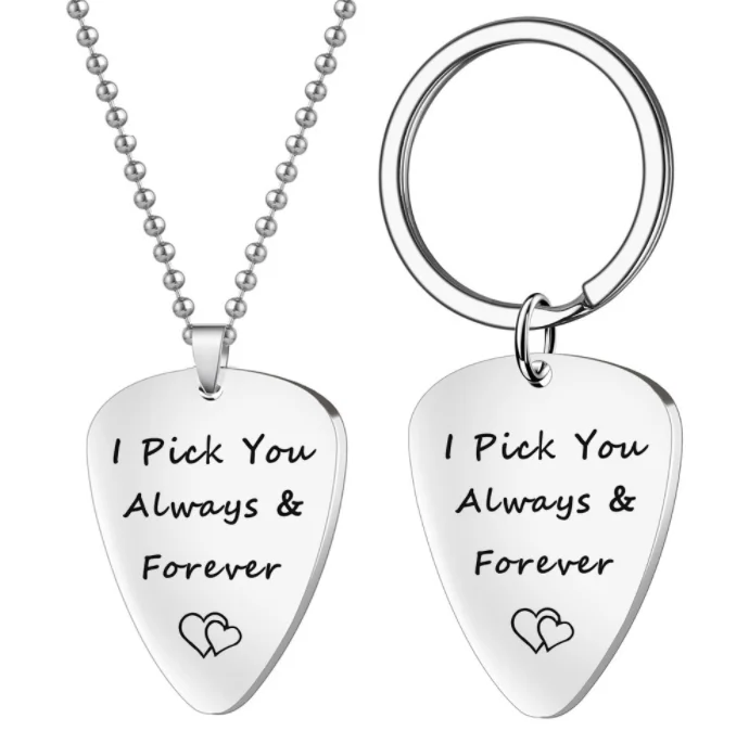 Guitar pick stainless steel key chain with letters for lovers necklace