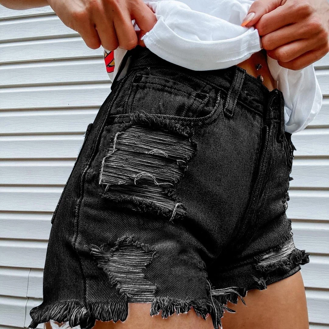New Trend Plus Size High Waist Washed Streetwear Ripped Hole Raw Edge Print Vintage Casual Sex Women Denim Jeans Shorts