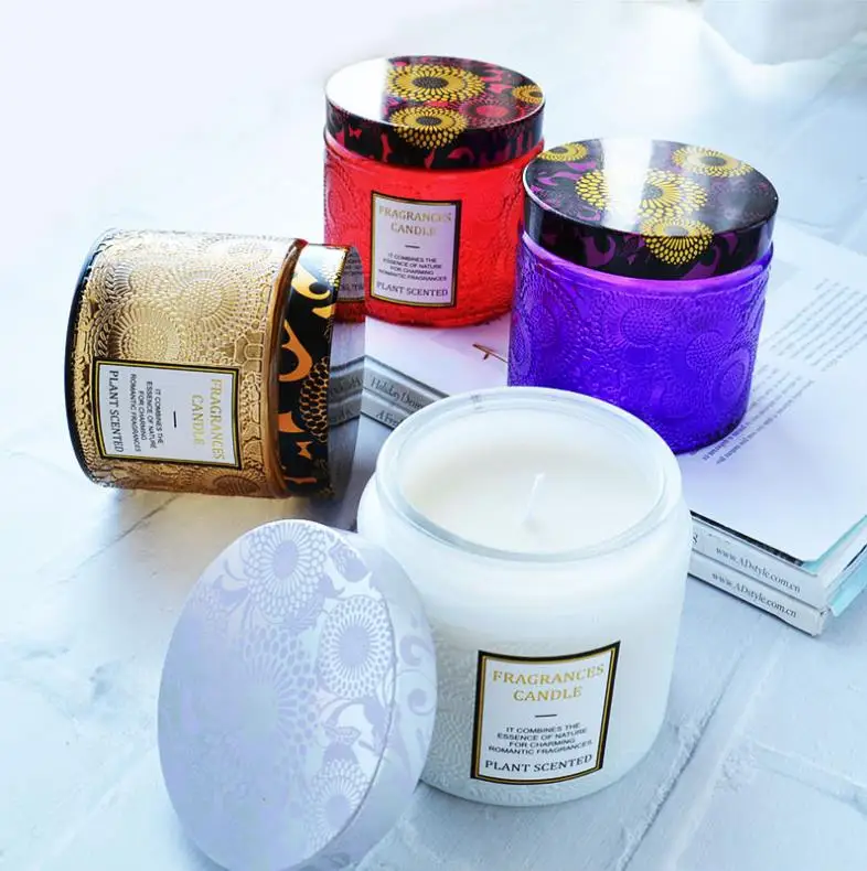2023 New Unique Mini Recycle Color Embossed Pattern Glass Jar Candle For Home Decoration