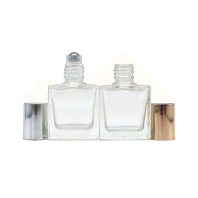10 ml 15ml Mini Square Rectangular Shape Clear Glass Roll on Bottle with Stainless Steel Roller Ball