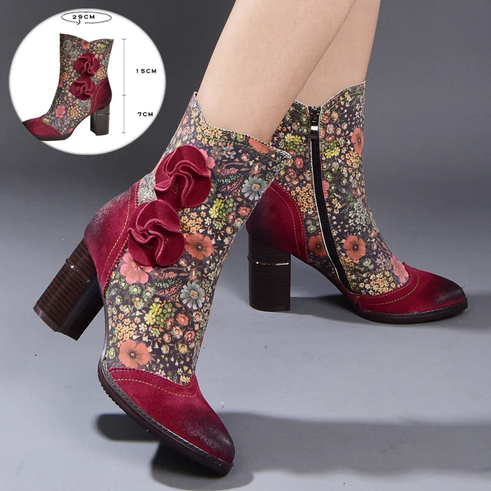 Women Floral Genuine Leather Ankle Boot Handmade High Heels Ankle Booties Boot Lady Winter Shoe