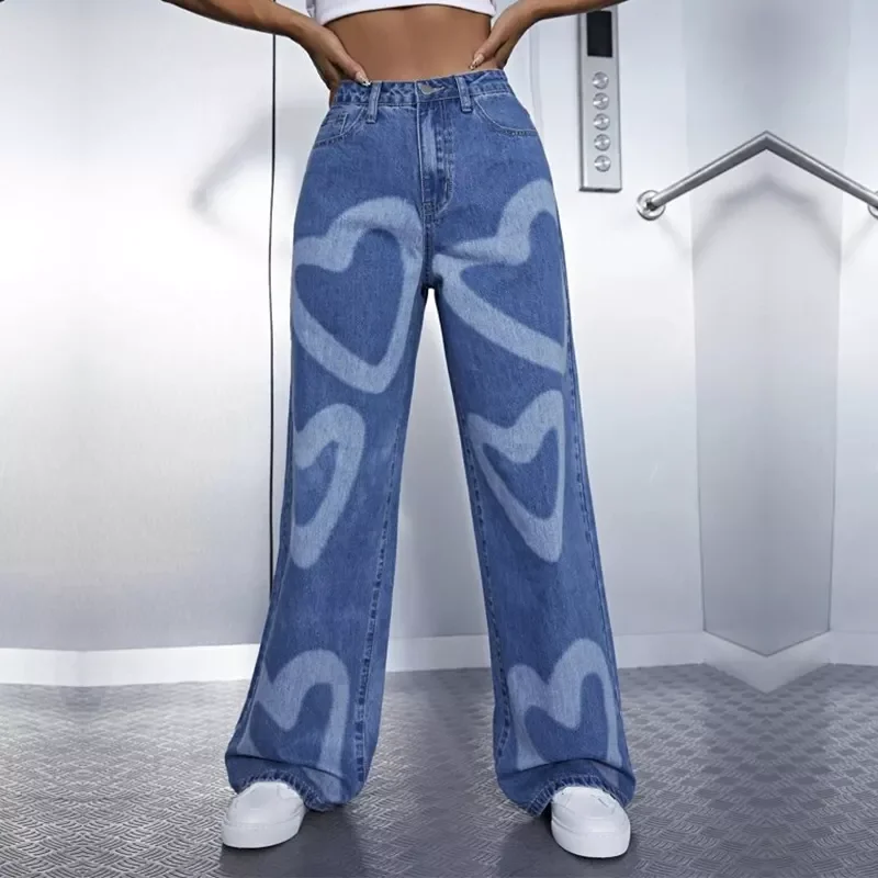 Fashion Love Pattern Painted straight legging Zipper Fly Women Denim Jeans
