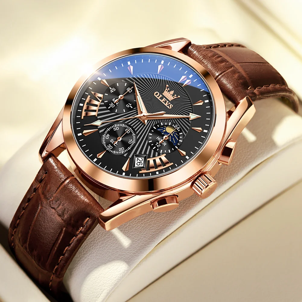 OLEVS Luxury Leather Brown Chronograph Watches for Men Quartz Wholesale Supplier Brand Wristwatches