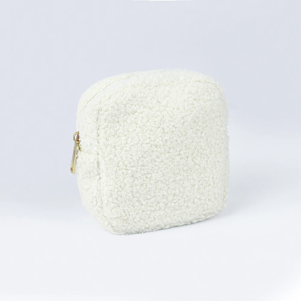 Fluffy Teddy Cute White Black Makeup Pouch Soft Fuzzy Pouches Portable Travel Zipper Plush Winter Sherpa Make up Cosmetic Bags