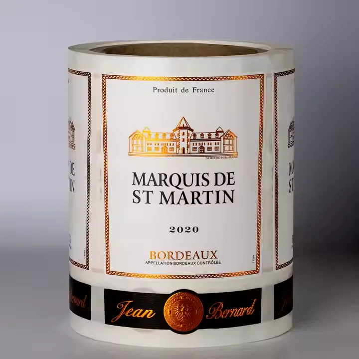 Custom Printed Self-Adhesive Wine Bottle Label with Hot Stamped Silver or Gold UV Logo, Made of Synthetic Paper Material.