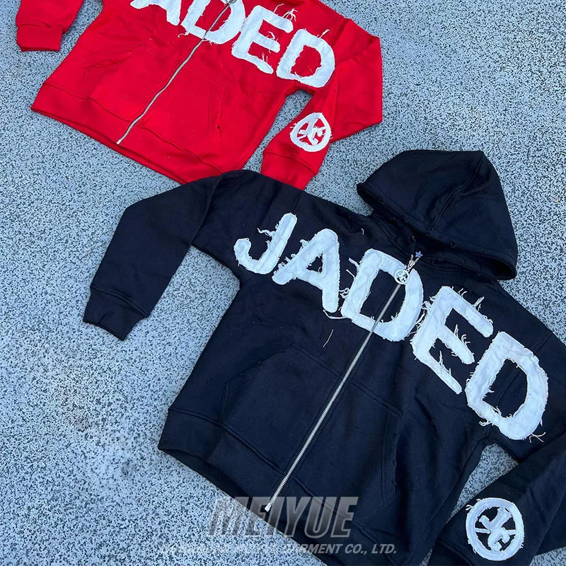 Custom Applique Vintage Distressed Aicd Washed Embroidery Drop Shoulder Hoodie Streetwear Cotton French Terry Zip Up Hoodies Men