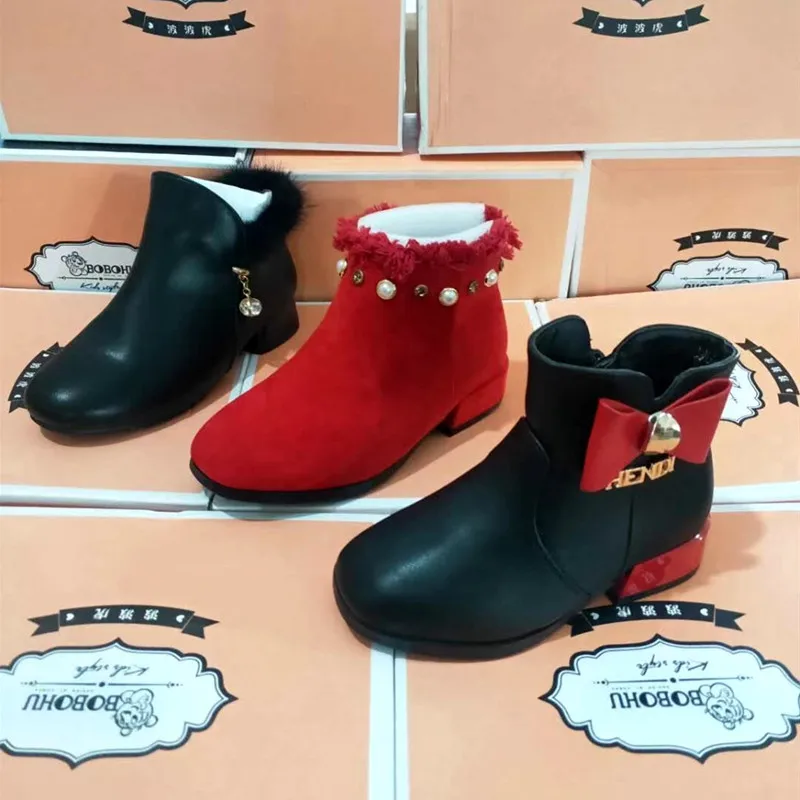 
2020 fashion kids girls waterproof princess boots winter warm leather shoes 