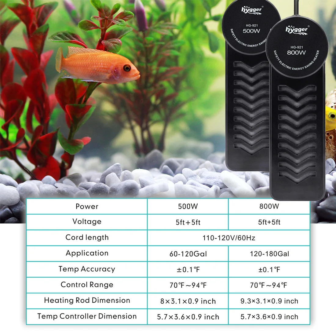 Hygger Fast Heating PTC Aquarium Heater with LED Digital Temperature Controller , 800W Submersible Fish Heater