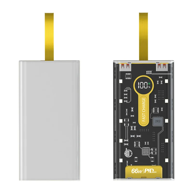 66W ultra fast power bank with built-in 20000mAh cable, large capacity gift, transparent mobile power power bank