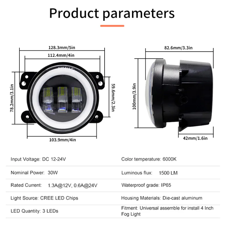 New arrival car front bumper driving fog lights halo DRL 4inch 30w Round led headlight for JEEP JK motorcycle