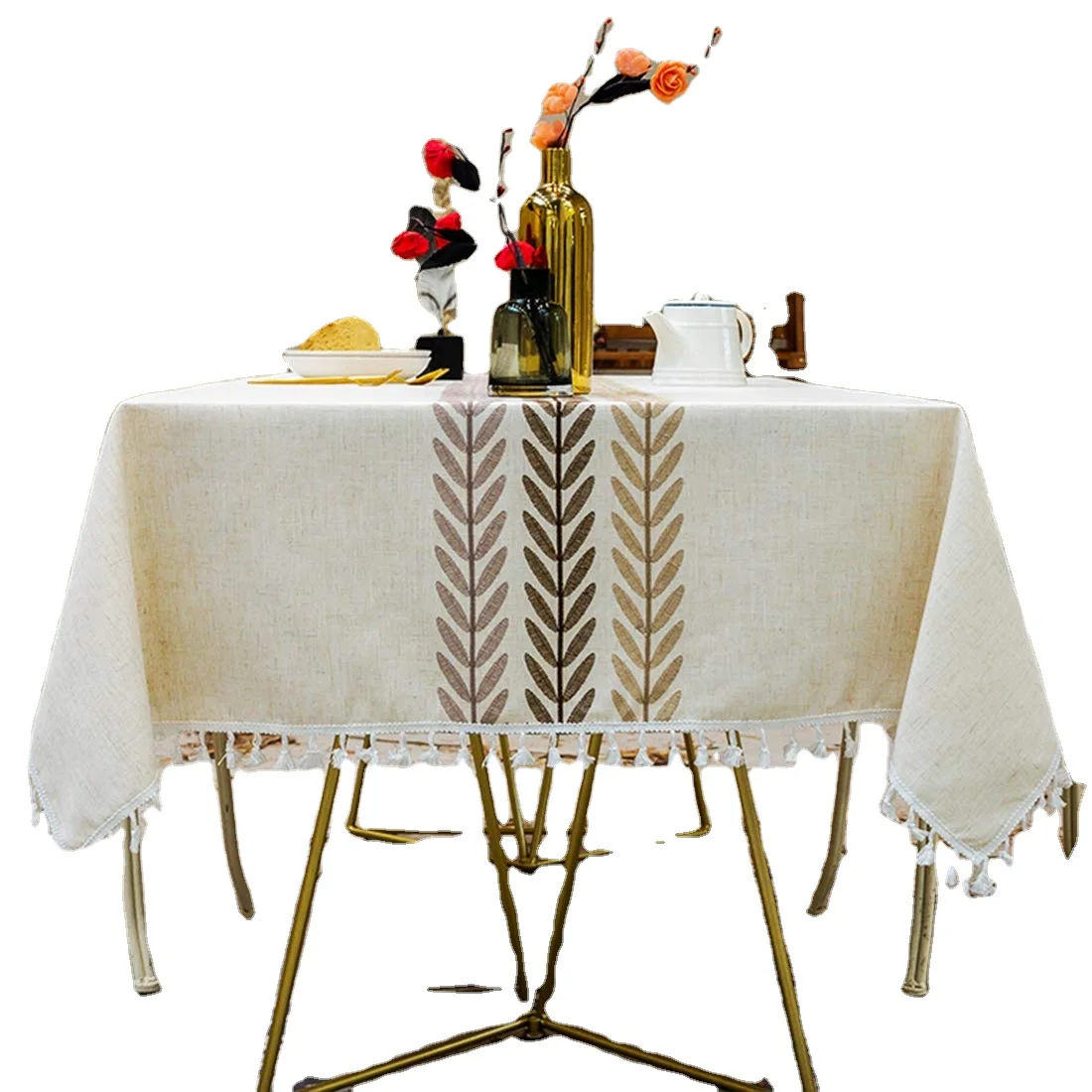 Wholesale Embroidery Tassel Tablecloth  Cotton Linen Dust-Proof Table Cover for Dining Room Party Home Tabletop Decoration