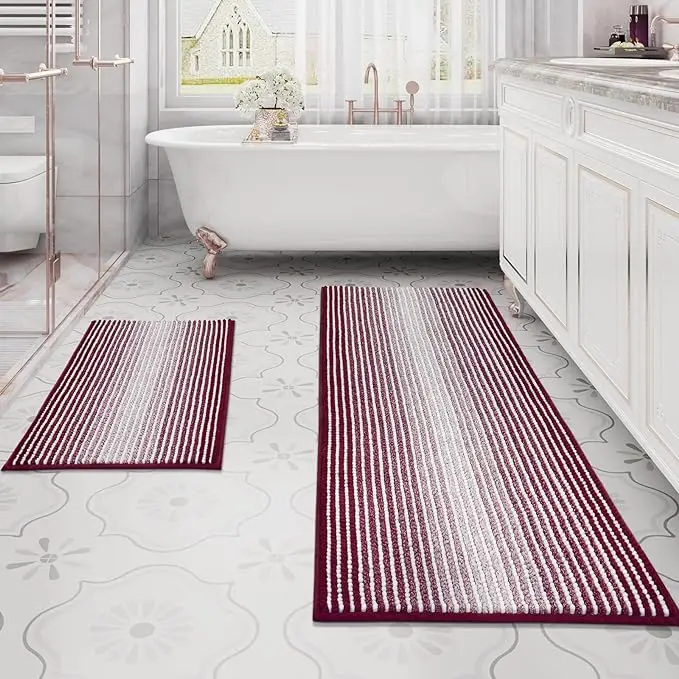 Burgundy Striped Cationic Chenille Bath Mats anti-sliping Mats For Shower Absorbent Sustainable Rugs