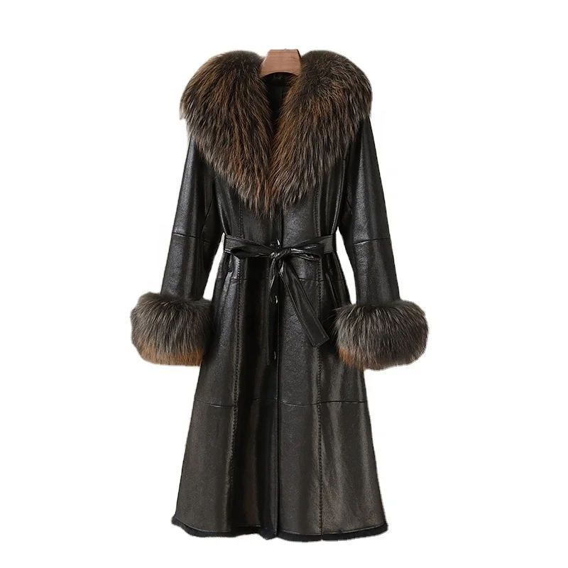 2023 Hot Sale Women Lady Real Rabbit Fur&Leather Winter Jacket Raccoon Fur Collar Long Coat Warm Overcoat Parka JT3249