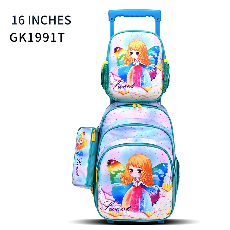 factory fashion original cartoon character design 16 inch trolley school bag set with lunch box and pencil case