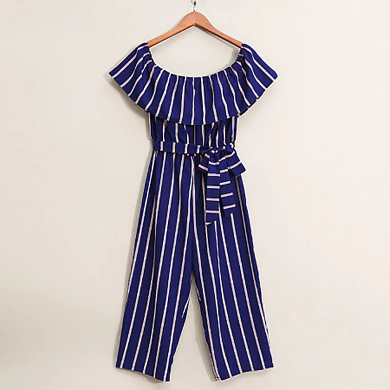 
2021 Boat Neck Vertical Blue Stripe High Waist Jumpsuit Casual Urban Plus Size Mommy And Me Outfits 