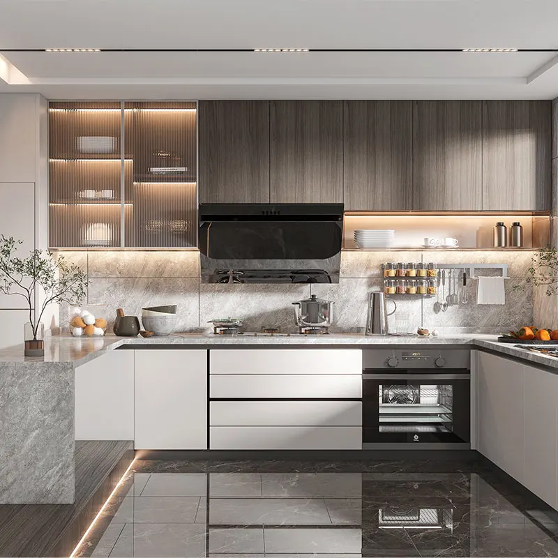 Wood pattern Metal ECO Friendly Fireproof Water Resistant Aluminium furniture Modular Kitchen Cabinet