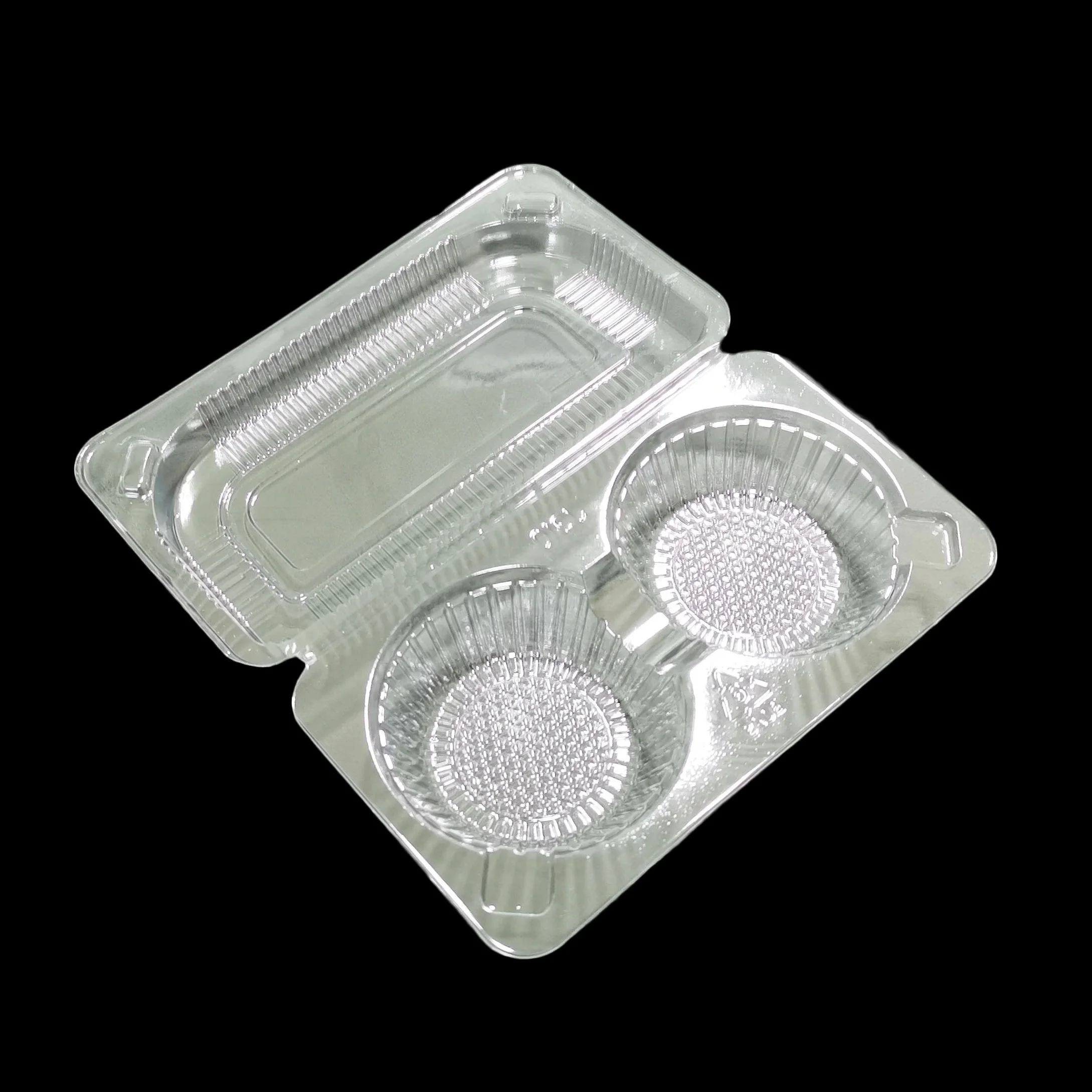 Newly designed 2 cavity clamshell shaped disposable plastic mini cake stand containers are available for customization