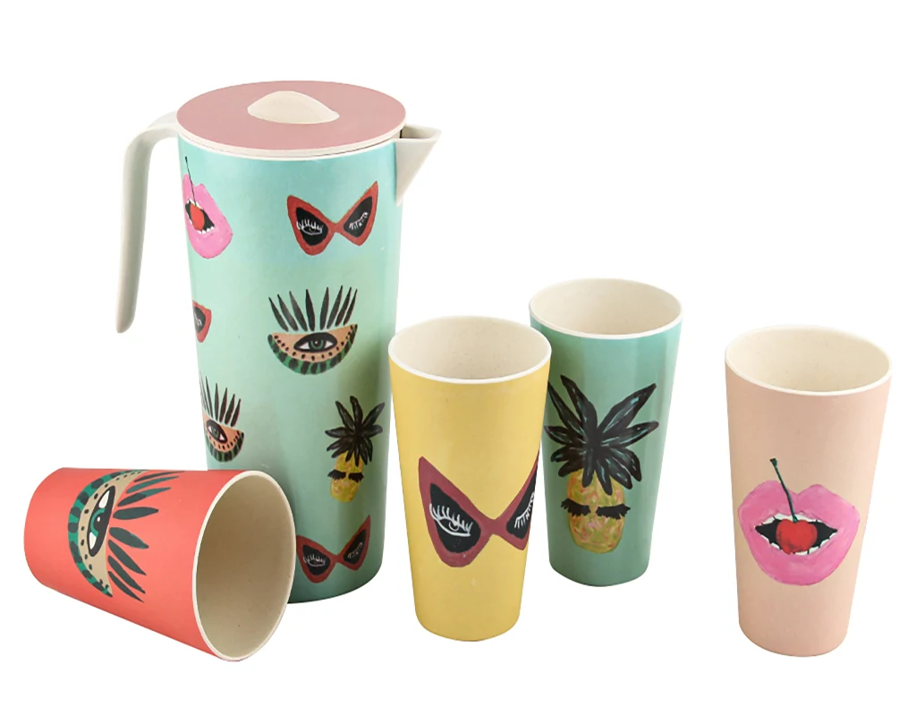 Water Pitcher with lid And 4 Cups Bamboo Fibre Drinking Set For Indoor and Outdoor