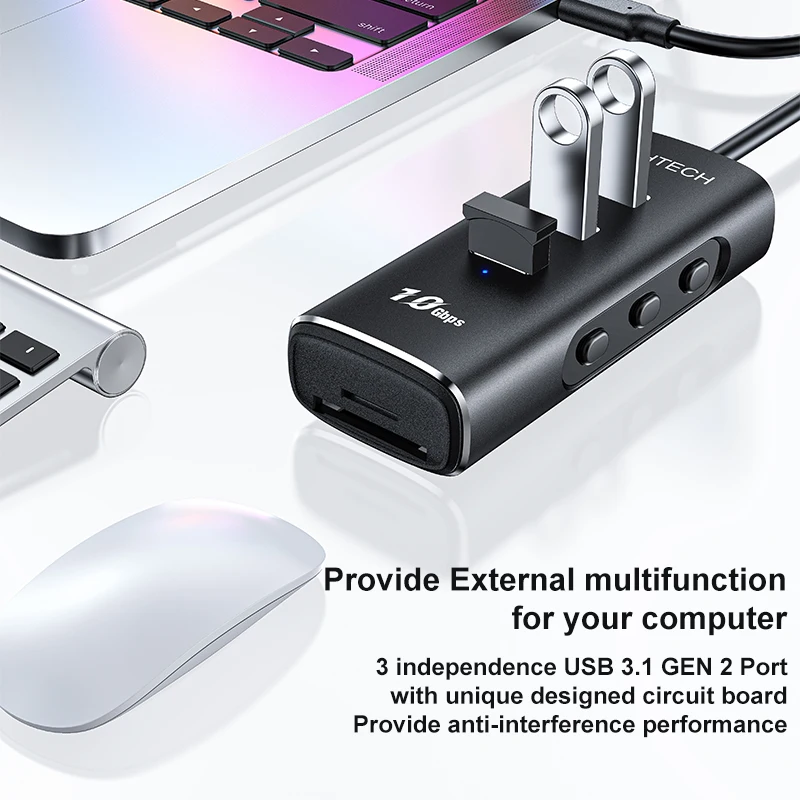RSHTECH 5 in 1 USB C Hub with 10Gbps Data Ports SD/TF Card Reader 2ft Cable and Individual Switches Type C hub for PC