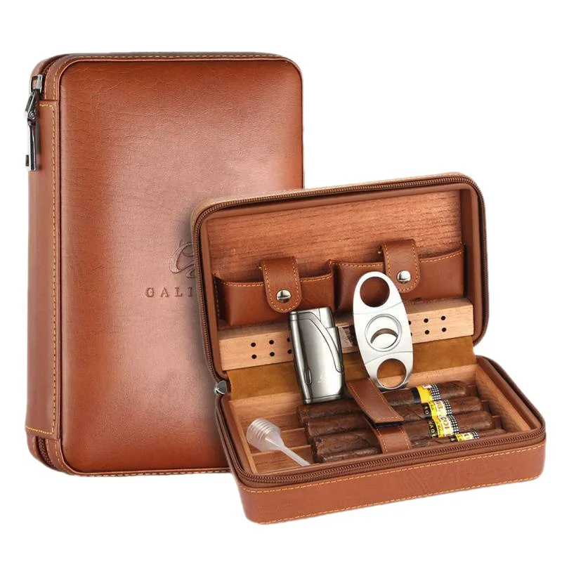 Travel Cigar Case Genuine PU Leather bag humidor Cigar Pouch Box For 4 Finger travel cigar case