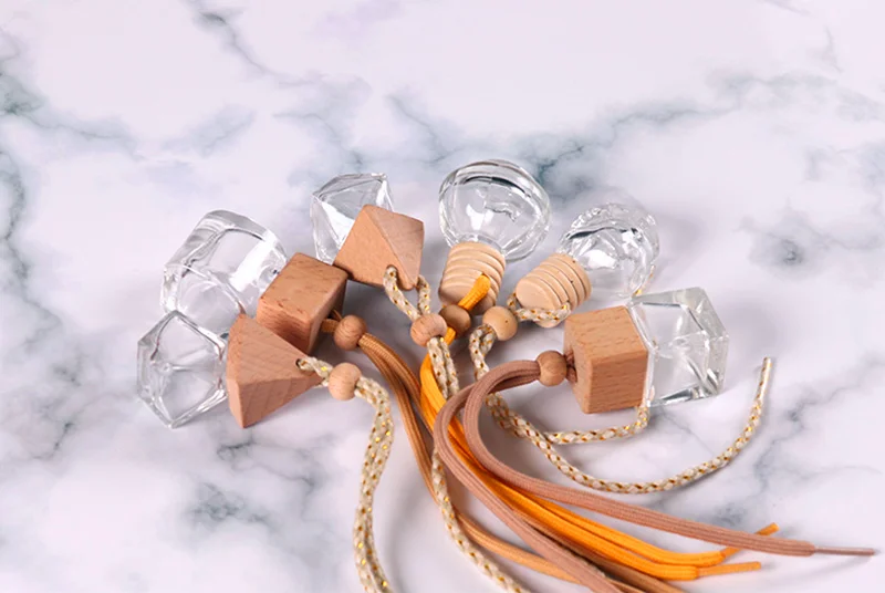 empty hanging freshener pendant car logo vent air round ball square wooden cap glass car perfume diffuser bottle