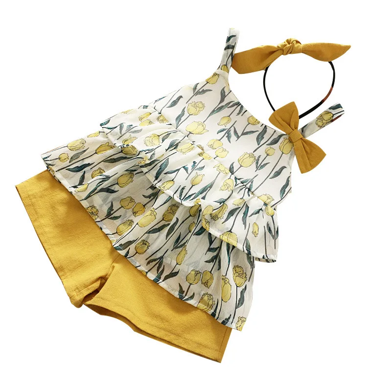 Kids girl Summer clothing   flower printed bow tops and shorts+ bow hair clasp 3pcs set  Children clothes set