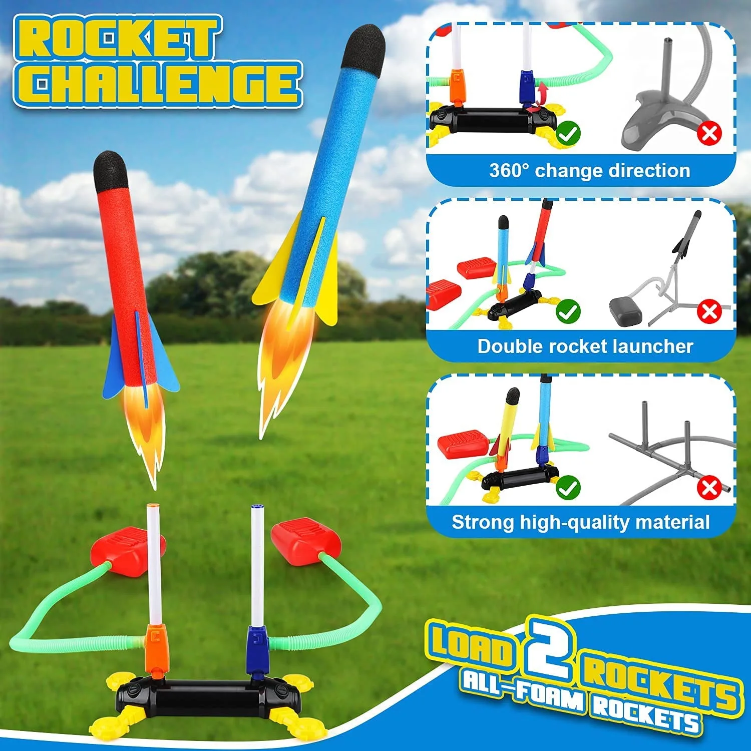 Rocket Launcher for Kids Stomp Toy with 6 Foam Rockets and 2 Launchers, Air Rocket Launcher Up to 100 Feet for Outdoor Dueling