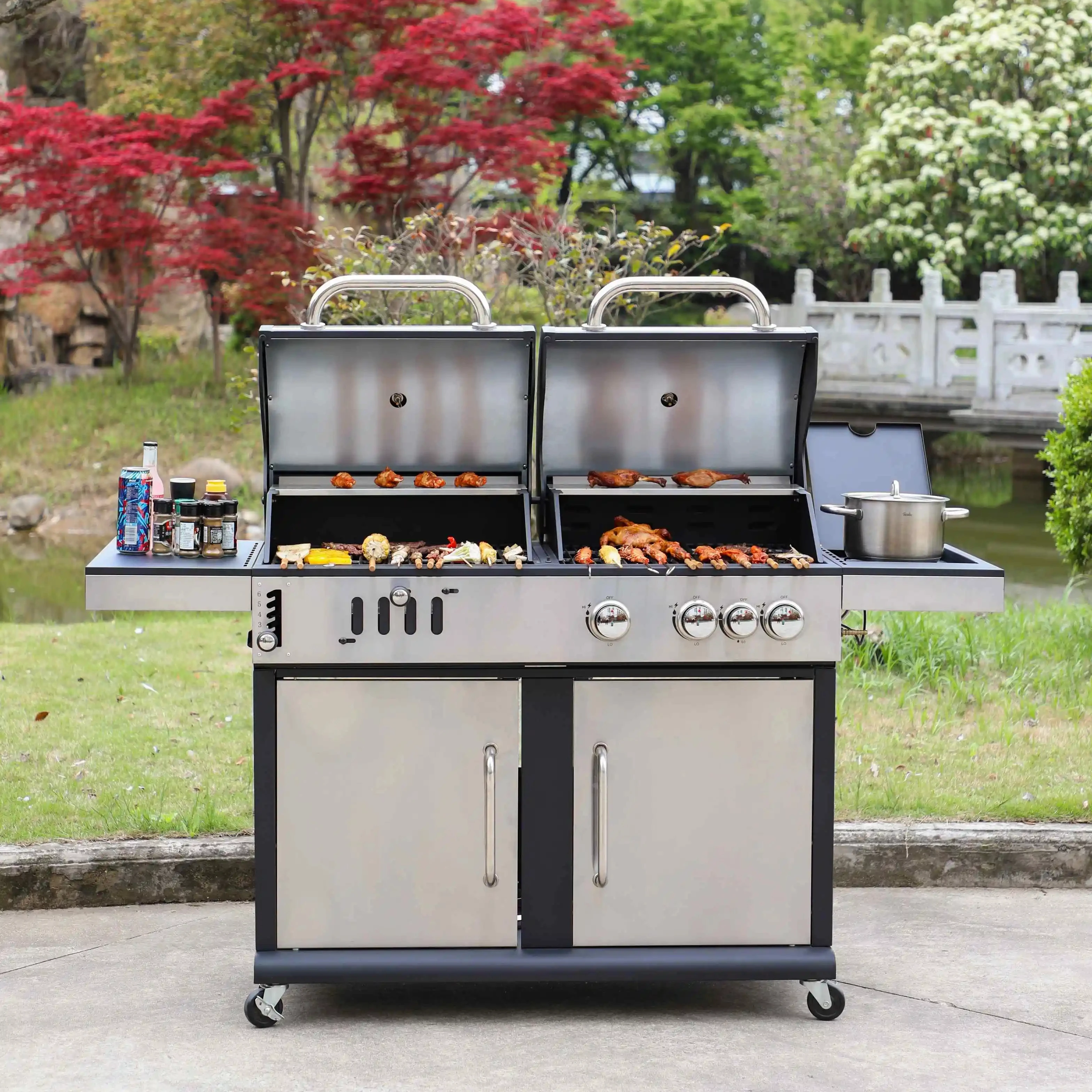 Garden Backyard Portable 3 burner gas charcoal bbq grill + side burner with wheels