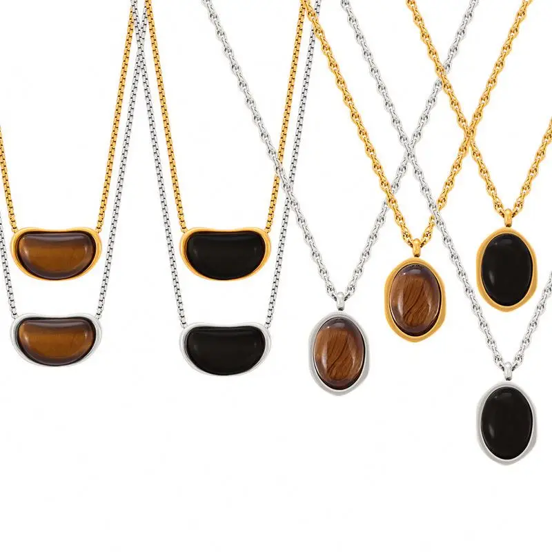 Vintage Hk Style Geometric Stainless Steel Necklaces Collection Jewelry Cool Style Tiger Eye Stone Titanium Sweater Chain