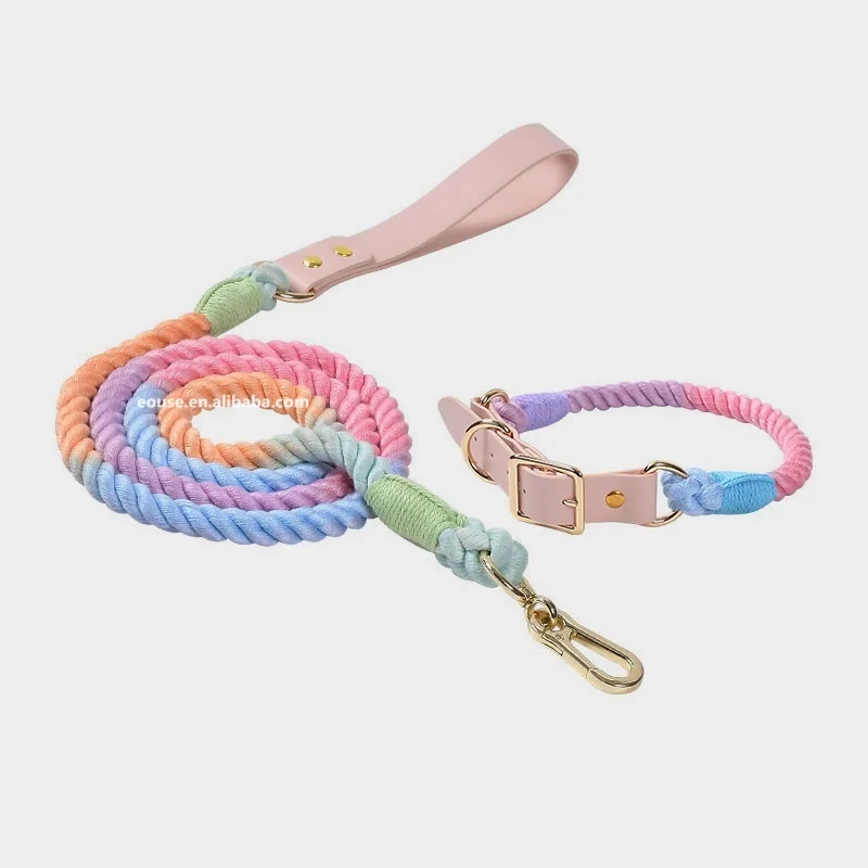 Macrame Hand Woven Pet Dog Collar and Leash Set Adjustable with Leather Adapter Handmade