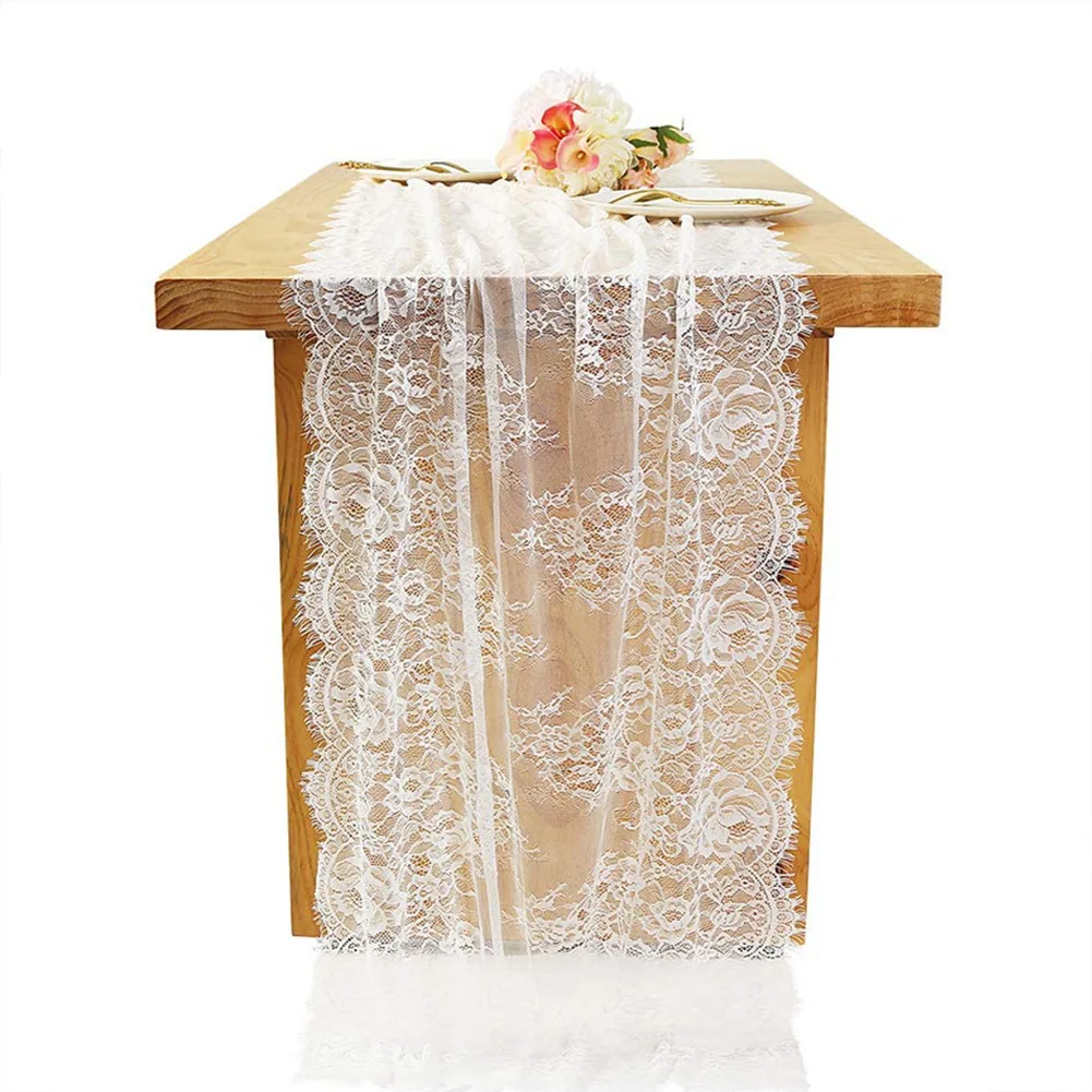 75x300cm Luxury White Overlay Floral Decor Vintage Lace Table Runner For Wedding Bridal Shower Party