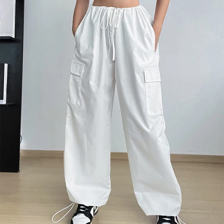 Streetwear fashion ladies woman wide leg pant trousers custom logo drawstring waist cargo pants for women