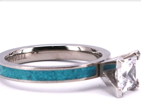 4mm Crushed Turquoise Women Ring Woman Titanium Wedding Engagement Ring Design Big Prong Set Cubic Zirconia Titanium Ring