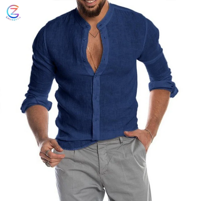 Quick Drying Mens Lone Sleeve Shirt Mature Men Cardigan Flax Plain Dyed Linen Blouse Shirts
