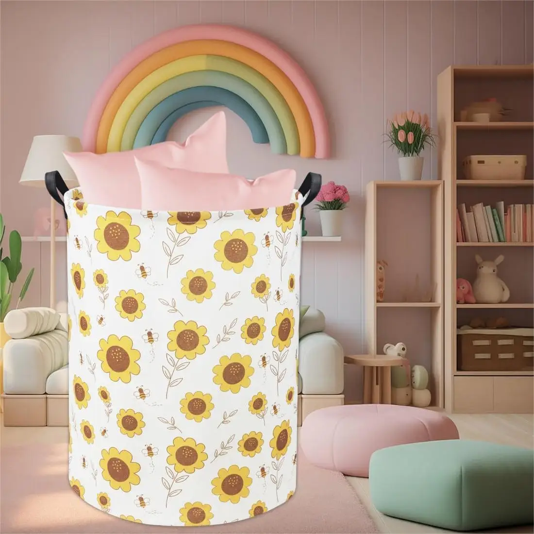 100% Natural Linen Laundry Hamper Laundry Basket with Long Handles Large Round Laundry Basket