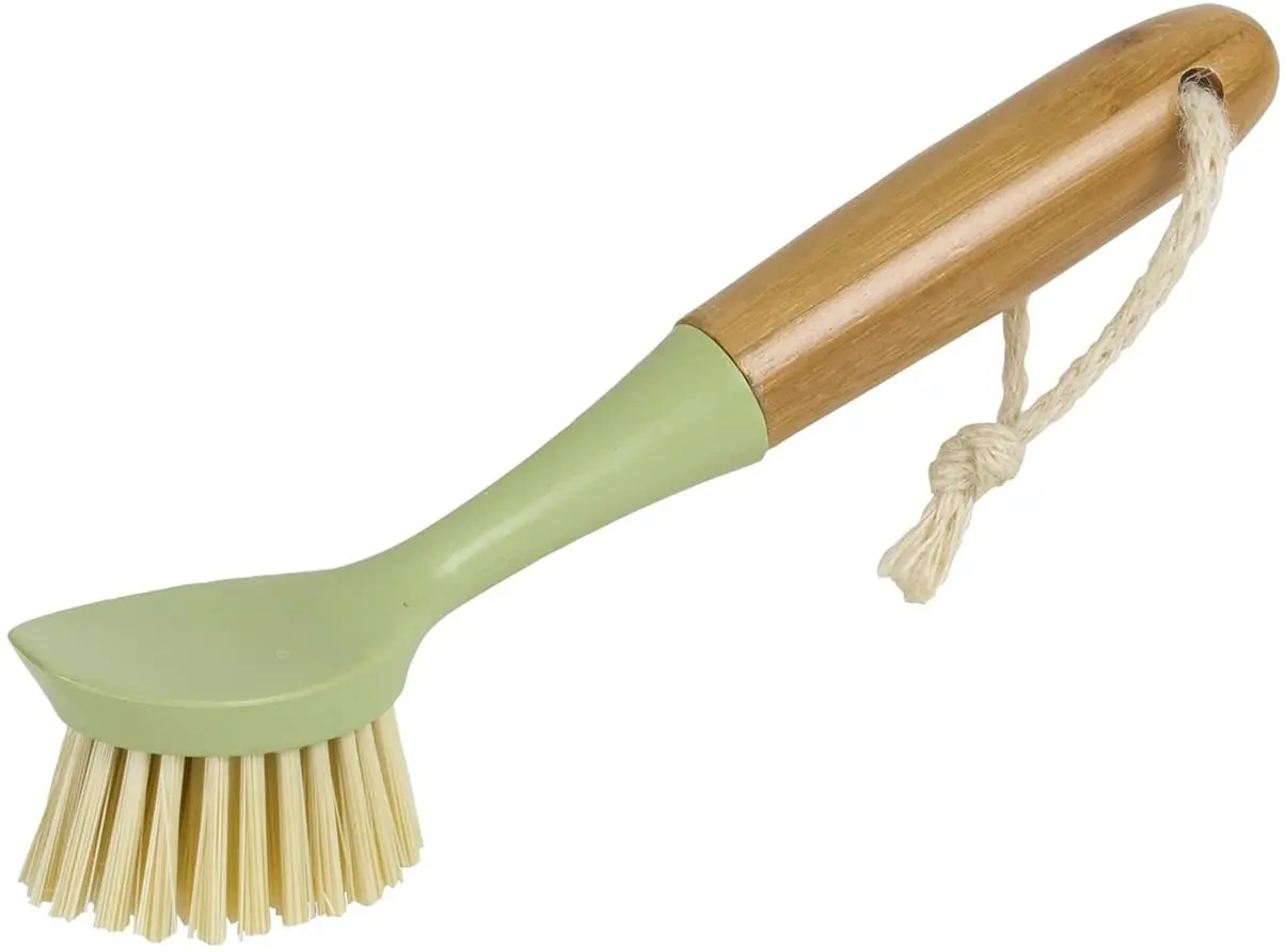 Long Handle Brush Dish Scrubber with Built-In Food Scraper Bamboo Dish Brush Pan Pot Dish Sink Brush