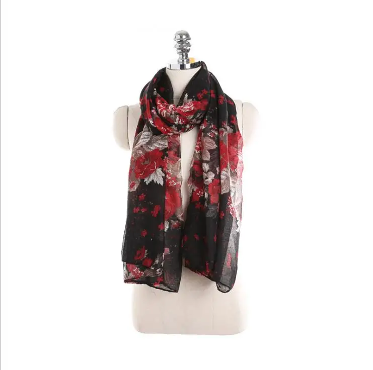 Оптовая продажа, русский цветочный черный шарф из вуали, женские шарфы с цветочным рисунком