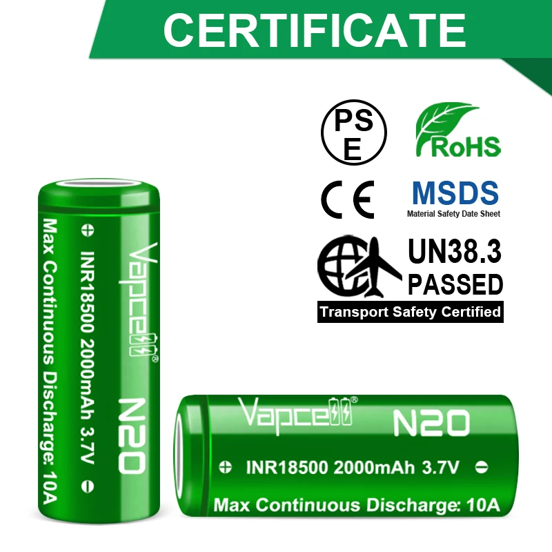 new Vapcell N20 18500 2000mah 10A high capacity and high drain lithium ion battery rechargeable cells for flashlight camera